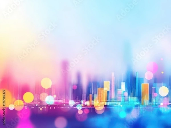Fototapeta Vibrant modern city skyline with colorful bokeh effect and abstract light streaks representing urban landscape and futuristic technology in vivid neon hues
