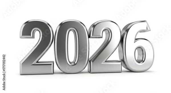 Obraz new year 2026 typography silver metal effect isolated Clean 3D Silver 2026 on White Background Simple and Modern 2026 Numbers Design