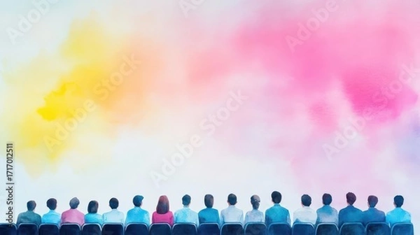 Fototapeta Diverse group of people sitting in chairs facing colorful cloud of powder in vibrant pink yellow and blue hues creating a lively celebration or event scene