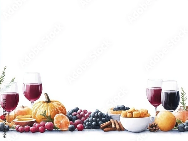 Fototapeta Festive autumn harvest table with pumpkins grapes s pie cookies and glasses of red and black wine for celebration or autumn feast