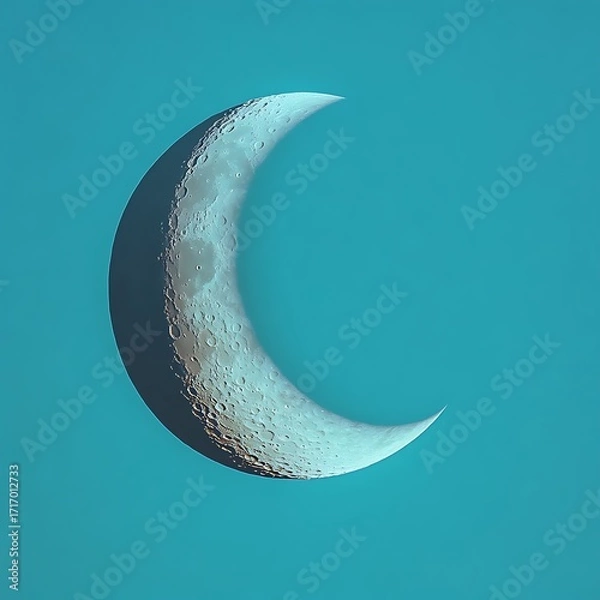 Obraz Crescent moon, light gray, teal background.  Simple,  stylized crescent moon image, against a solid teal backdrop.  The moon is a light gray, textured, with darker shading