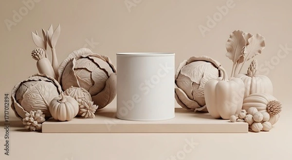 Fototapeta Beige Minimalist Vegetable Mockup, Product Display, 3D Render, White Cylinder