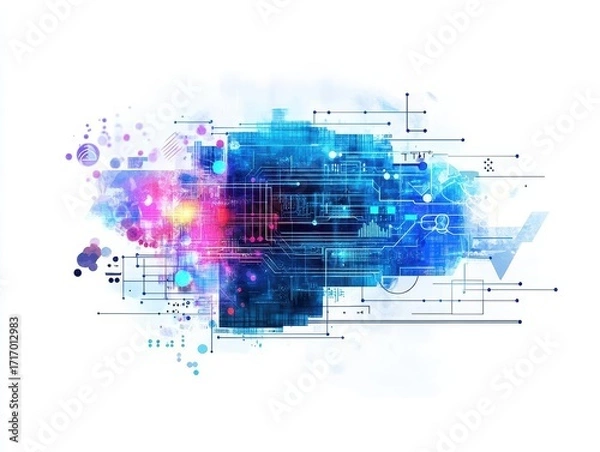 Fototapeta Abstract digital technology concept with interconnected glowing circuit lines and data nodes in vibrant blue pink purple hues on white background