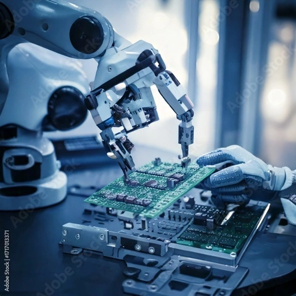 Fototapeta Robotic arms perform precise manufacturing tasks in a hightech factory, showcasing advanced automation and engineering in the industrial production line