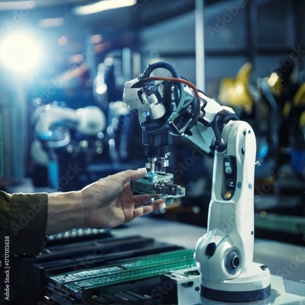 Fototapeta Robotic arms perform precise manufacturing tasks in a hightech factory, showcasing advanced automation and engineering in the industrial production line