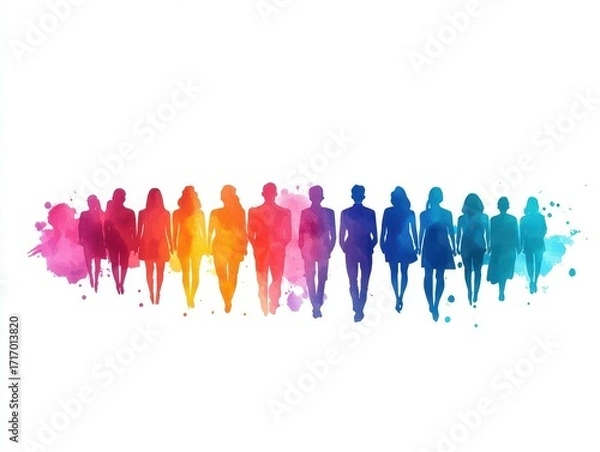 Fototapeta Diverse group of people silhouettes in vibrant rainbow colors walking together in unity and diversity concept on a white background