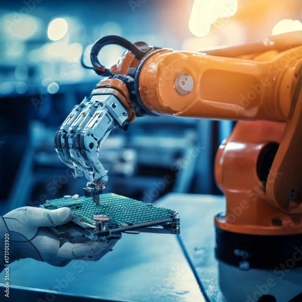 Fototapeta Robotic arms perform precise manufacturing tasks in a hightech factory, showcasing advanced automation and engineering in the industrial production line