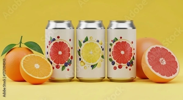Fototapeta Grapefruit, Orange, Lemon Soda Cans - Refreshing Summer Drink Mockup