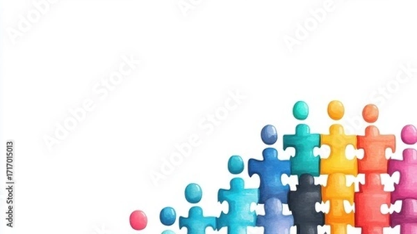 Fototapeta Colorful puzzle pieces connected in a business teamwork conceptual arrangement symbolizing collaboration problem solving and creative thinking ideas