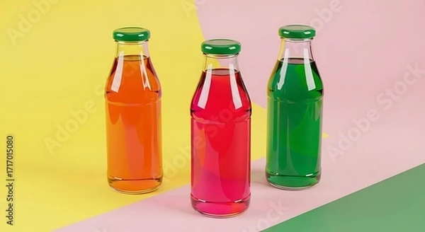 Fototapeta Colorful Glass Bottles with Drinks, Juice, Refreshing Beverages, Summer Drinks, Flat Lay