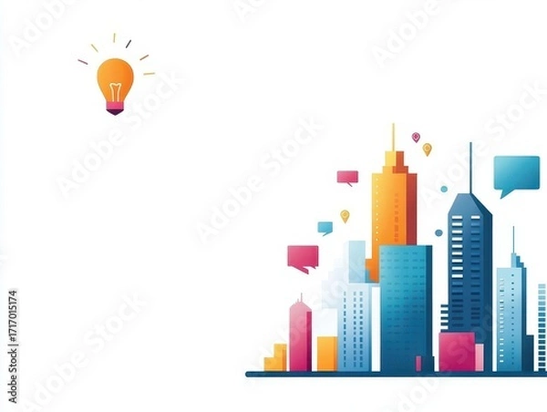 Fototapeta Bright colorful cityscape skyline with modern high-rise buildings and floating speech bubbles illustrating communication and urban development