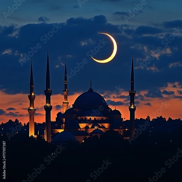 Obraz Crescent moon over illuminated mosque at twilight