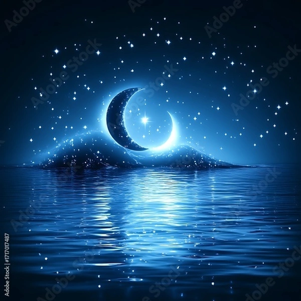 Obraz Crescent moon over water at night