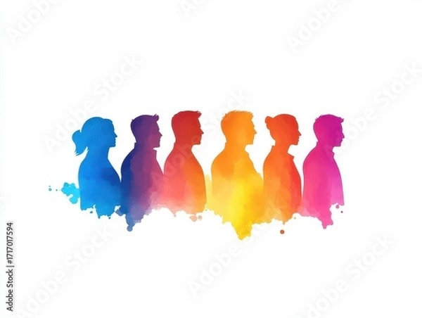 Fototapeta Colorful Silhouettes of Six People in a Row with Bright Gradient Backgrounds Brightly Highlighted in Blue Purple Orange Pink and Yellow Tones