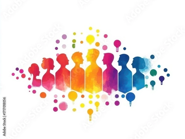 Fototapeta Colorful Silhouettes of People with Light Bulbs and Circular Dots Creating a Vibrant and Dynamic Collaborative Community or Team Concept Illustration