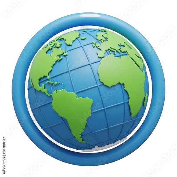 Fototapeta 3D globe icon showing continents and oceans in a blue circular frame design