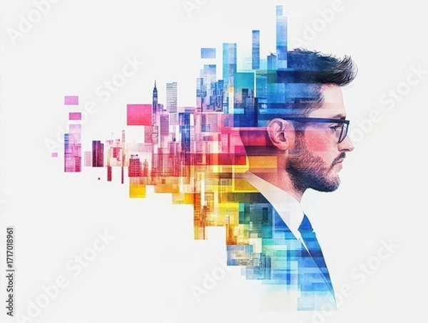 Fototapeta Colorful digital art portrait of a modern businessman with glitch effect blending abstract cityscape and technological elements into his silhouette