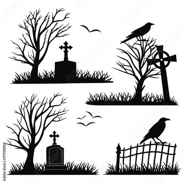 Fototapeta Halloween graveyard with crows, bare trees, and tombstones Keywords: Halloween, graveyard
