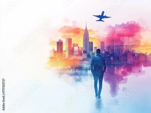 Fototapeta A person standing in front of a vibrant watercolor cityscape with skyscrapers and an airplane flying overhead du sunset or sunrise, creating an inspi urban atmosphere