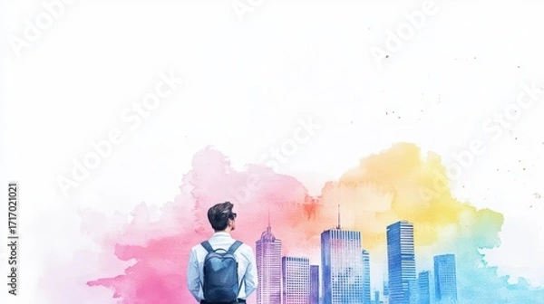 Fototapeta Young man with backpack gazing at colorful cityscape watercolor painting background with modern buildings and vibrant sky in an artistic environment