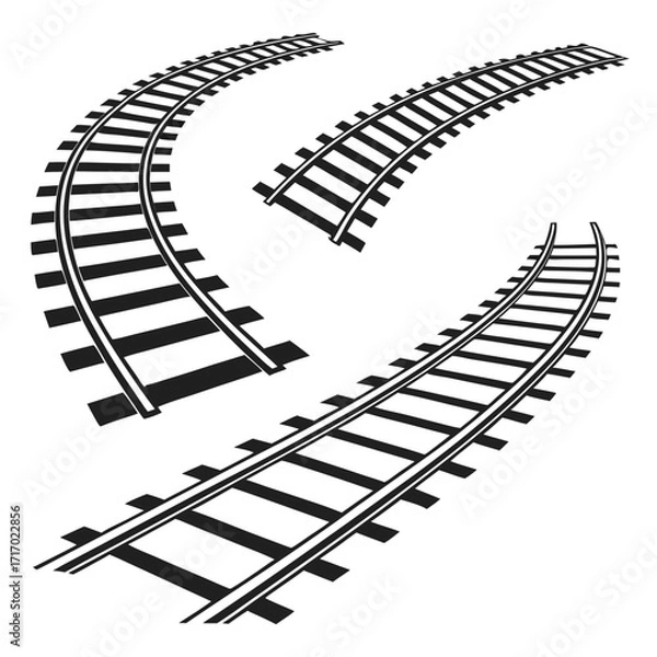 Fototapeta Three Train Tracks In Perspective With Curved Sections Keywords: train track, railway, railroad