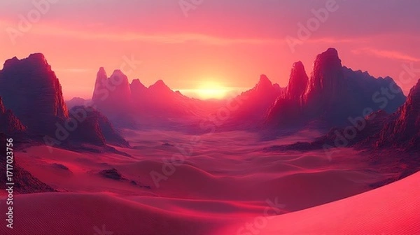 Obraz Crimson desert sunset panorama.  Vast, red dunes stretch across a valley, framed by towering, reddish-pink mountains.  A vibrant sunset illuminates the scene, casting a warm glow over the landscape