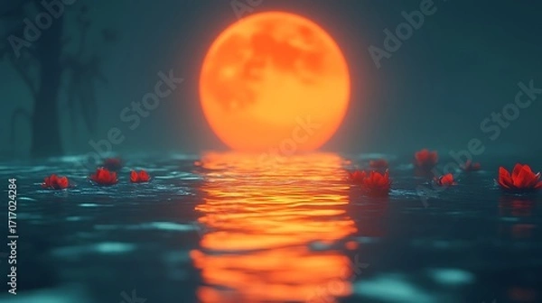 Obraz Crimson moon over still water, lily pads