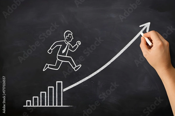 Obraz Driven businessman sprints up chalk-drawn upward trending graph on blackboard, symbolizing career success and financial growth.