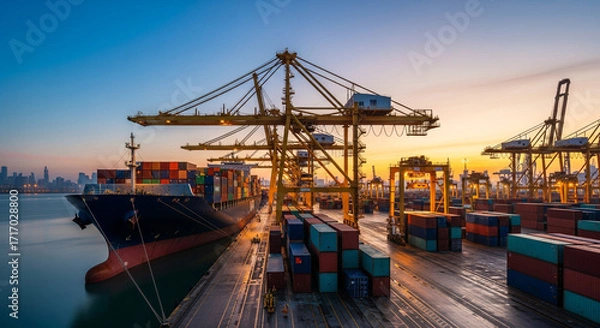Obraz ท่าเรือคอนเทนเนอร์ยามเช้าพร้อมเรือสินค้าและเครนแกนทรี