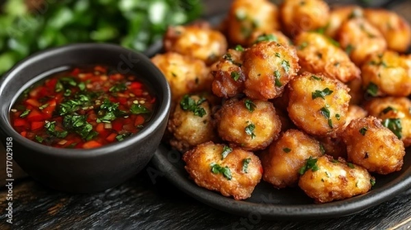 Obraz Crispy, golden-brown bite-sized food items, possibly dumplings or balls, piled on a dark plate, accompanied by a small bowl of spicy dipping sauce. Fresh herbs garnish the food