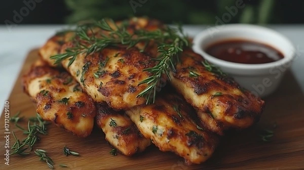 Obraz Crispy, rosemary-studded chicken strips piled high on a wooden board, with a small bowl of dipping sauce beside them