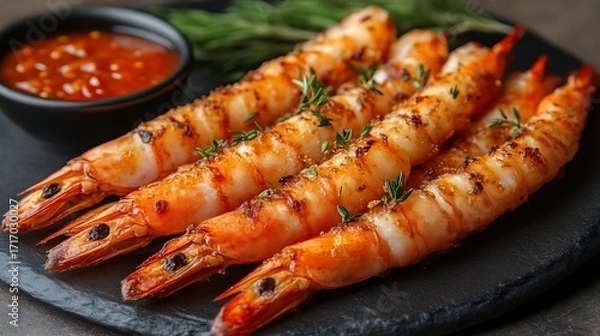 Obraz Crispy, seasoned shrimp arranged on a dark slate plate, with a side of spicy sauce and fresh herbs