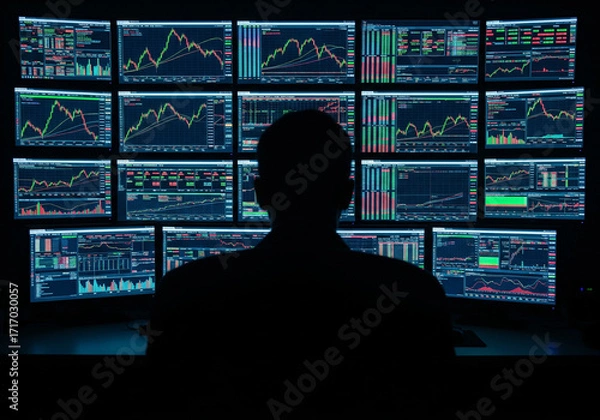 Obraz เงาคนทำงานเผชิญผนังจอตลาดการเงิน – อนาลิติกส์หลายจอ
