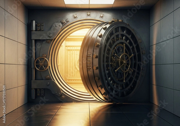 Fototapeta ประตูห้องนิรภัยธนาคารเปิดเล็กน้อยมีแสงอุ่น – ความปลอดภัยและการปกป้องทรัพย์สิน