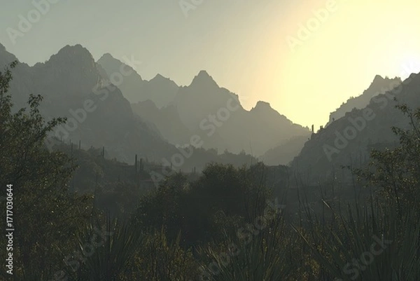 Fototapeta Misty mountain range at dawn. Lush foliage and valleys below