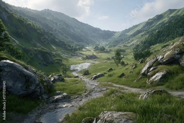 Fototapeta Lush valley, nestled between mountains