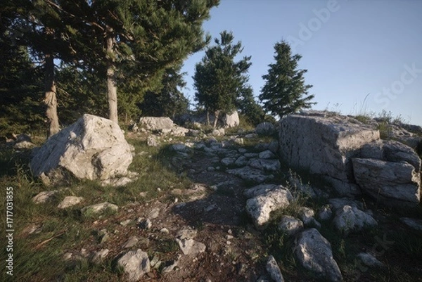 Fototapeta Rocky mountain path through trees