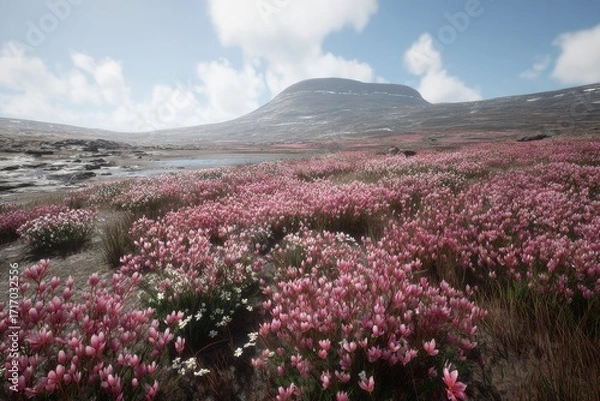 Fototapeta Vast, colorful field of flowers, mountain backdrop
