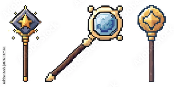 Obraz Three detailed pixel art magic staffs, wand with glowing golden material