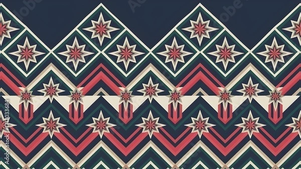 Fototapeta Zigzag Chevron Ornament Filled with Concentric Stars in Ruby Red and Forest Green