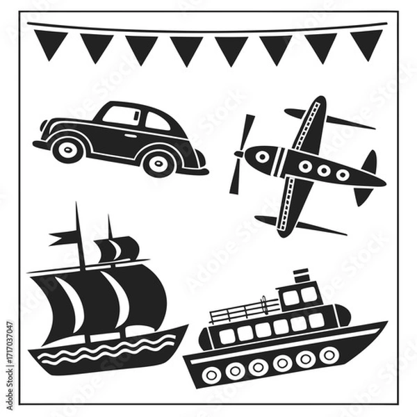 Fototapeta Vintage Transportation Icons with Bunting Black Silhouette Keywords: car, airplane, train, ship