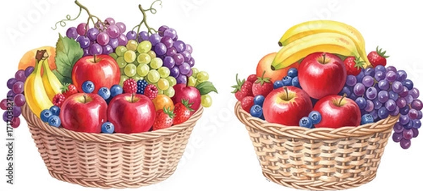 Fototapeta Fresh Fruit Baskets with watercolor Grapes, Apples, and Berries