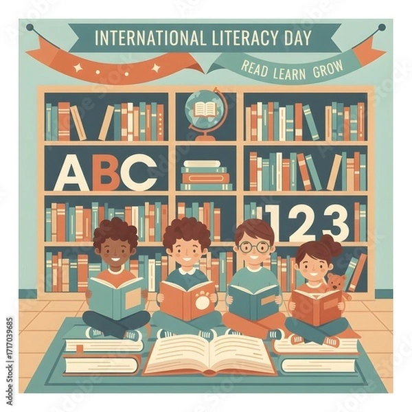 Fototapeta Happy diverse children sitting on the floor reading books together, celebrating the importance of education, knowledge, and growth