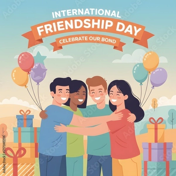 Fototapeta Happy International Friendship Day illustration celebrating the joy and connection of friendship with diverse people hugging surrounded by gifts and balloons