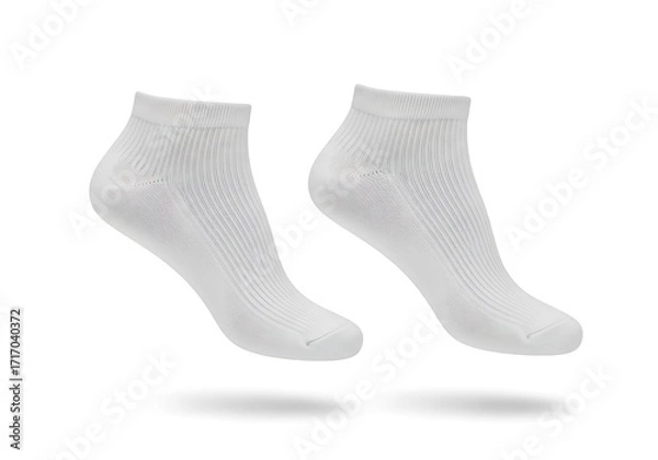 Fototapeta Pair of white textured ankle socks floating with shadow, isolated on white background, product mockup display.