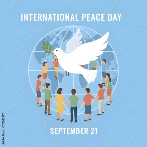 Fototapeta A white dove of peace flies over a diverse community holding hands in a circle around the planet Earth, celebrating global unity and harmony