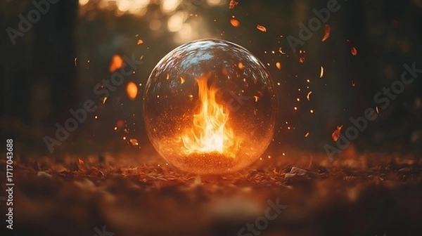 Obraz Crystal sphere, fiery flame, autumnal forest