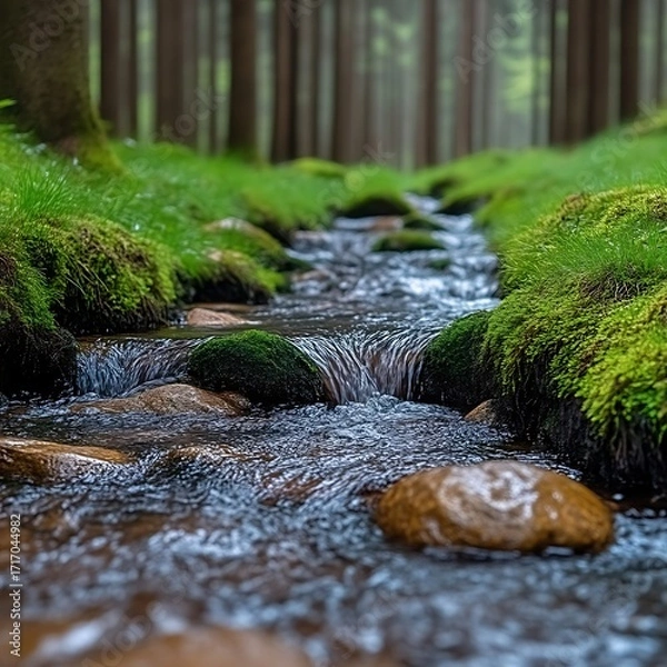 Obraz Crystal-clear stream winding through a mossy forest