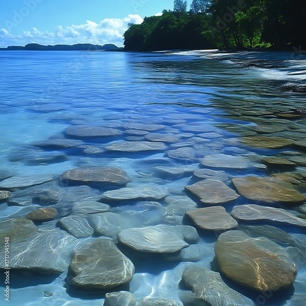 Obraz Crystal-clear shallows, with rocks visible, leading to a tropical beach