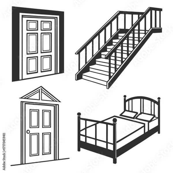 Obraz Architectural Elements and Bed Silhouette Keywords: door, doors, arched door, stairs, staircase